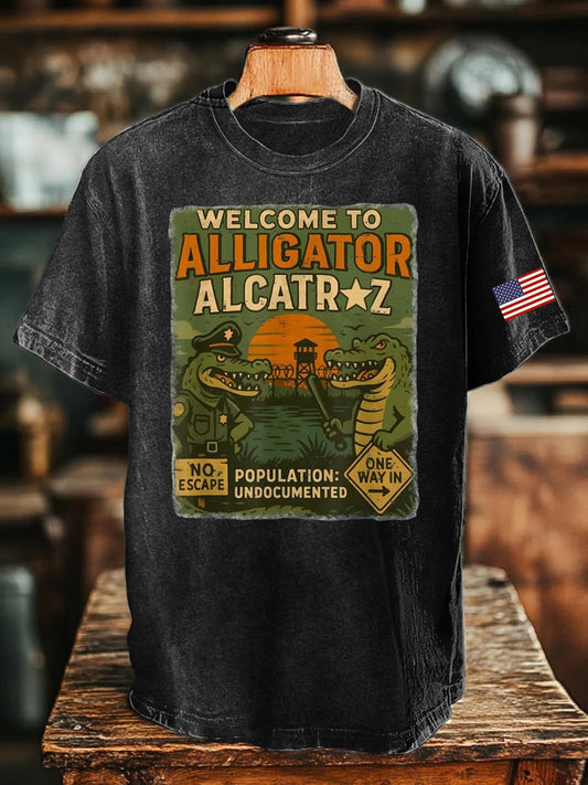 Unisex Casual Alcatraz Crocodile Print Washed Cotton T-Shirt