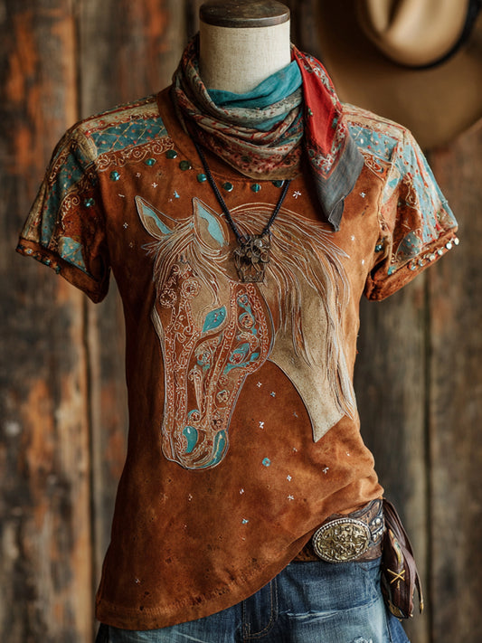 Retro Western Style Horse Print Casual Short Sleeve T-Shirt
