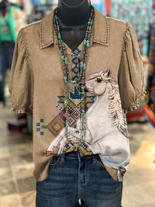 Women's Vintage Totem Pattern Horse Print Casual Cotton Linen Shirt
