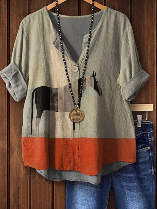 Women's Simple Horse Print Casual Cotton Linen Shirt