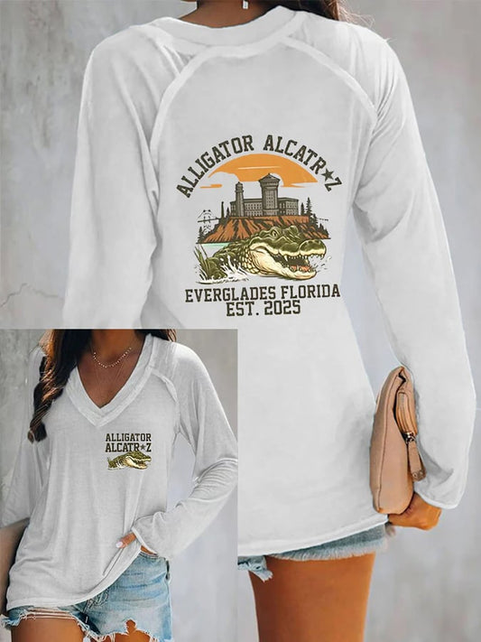 Women's Alligator Alcatraz Print V-Neck T-Shirt