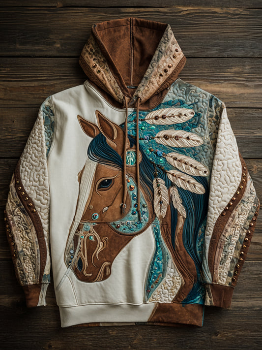 Retro Ethnic Style Patchwork Horse Print Art Casual Hoodie