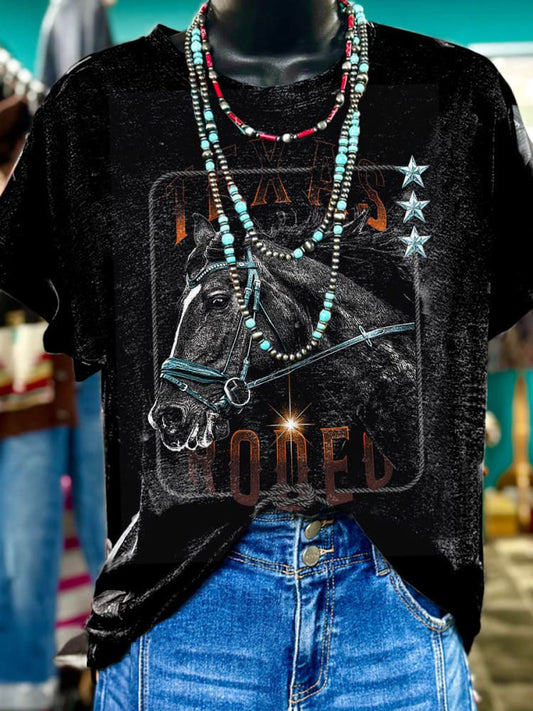 Women's Texas Rodeo Horse Print Casual Crew Neck T-Shirt