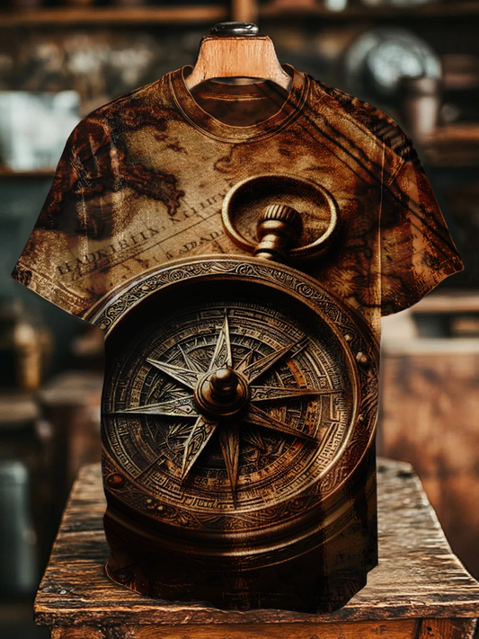 Unisex Retro Nautical Compass Printed Casual Loose Short Sleeve T-Shirt