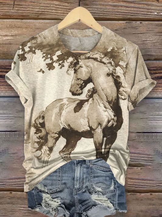 Vintage Art Horse Print T-shirt