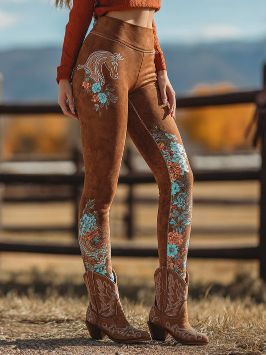 Retro Western Art Floral Print Casual Leggings