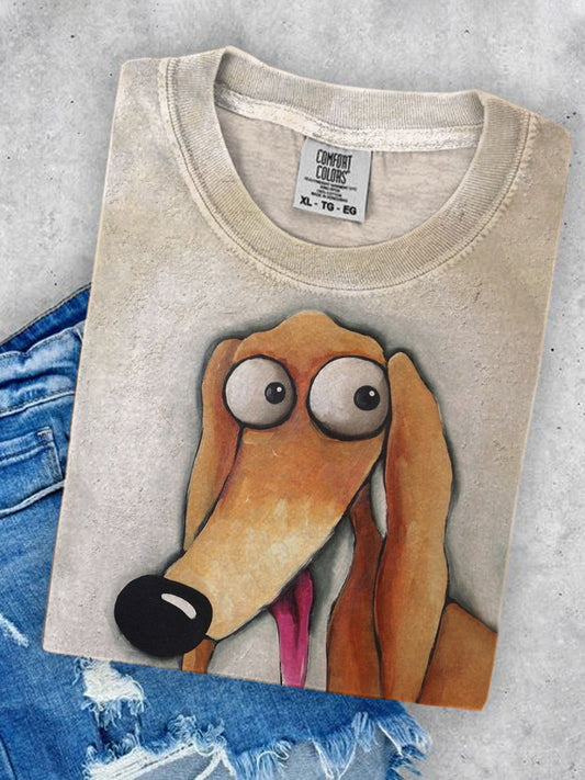 Unisex Dachshund Art Illustration Printed Crew Neck Casual T-Shirt