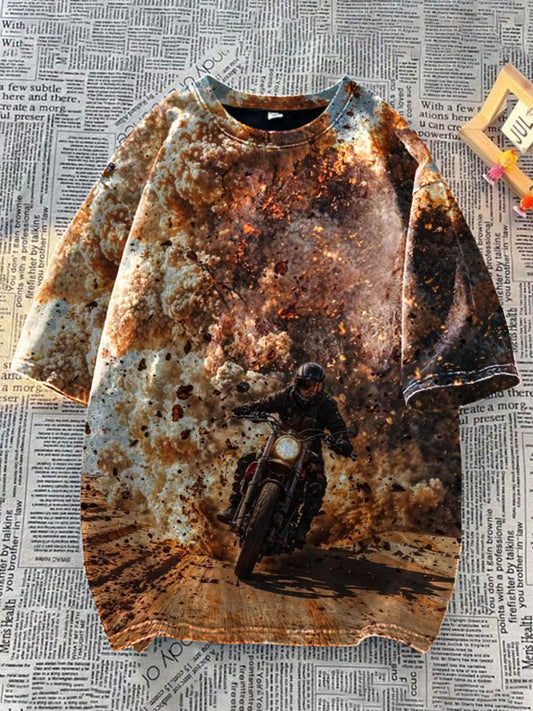 Unisex Motorcycle Art Illustration Round Neck Casual T-shirt