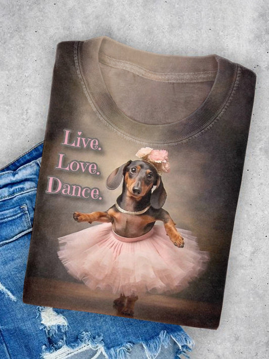 Unisex Dancing Puppy Art Illustration Printed Round Neck Casual T-shirt