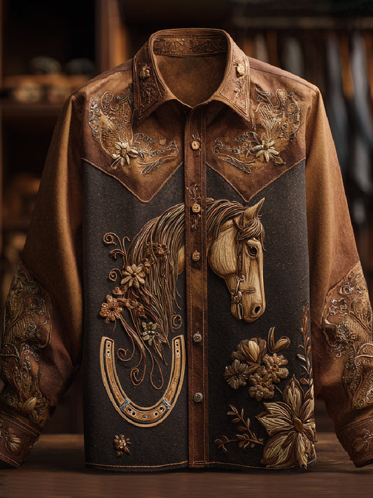 Western Retro Art Print Casual Long Sleeve Shirt