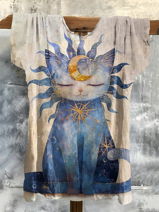 Cat Art Print Casual Crew Neck T-Shirt