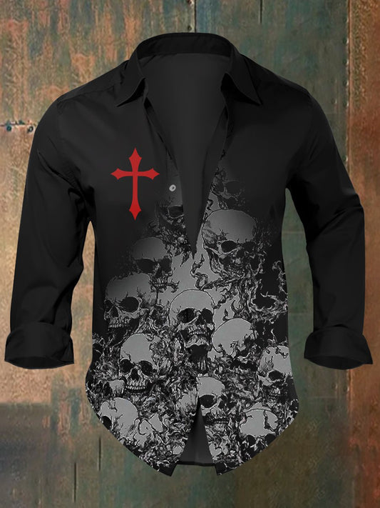 Men's Retro Skull Print Casual Long Sleeve Shirt
