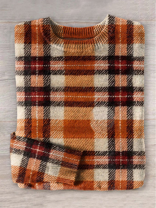Fall Plaid Retro Fall Checkered Autumn Gingham Halloween Print Knit Pullover Sweater