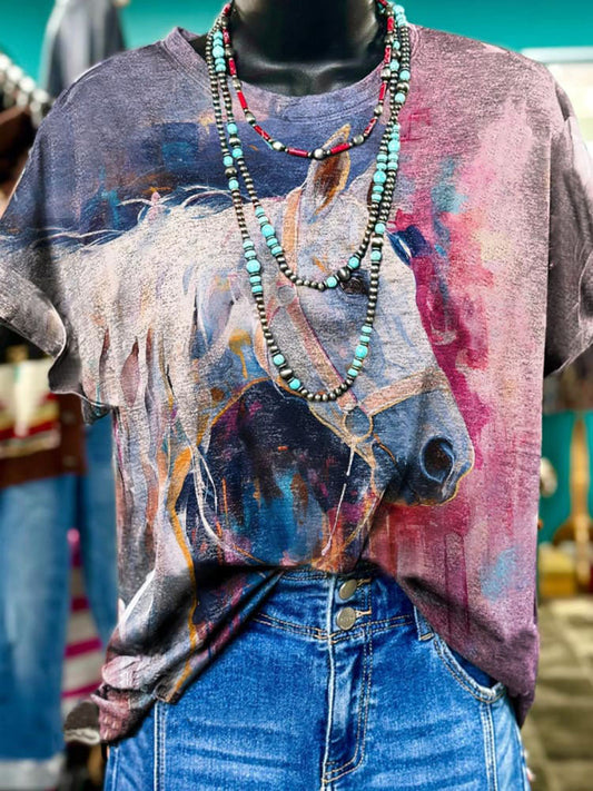 Women's Retro Horse Art Print Casual T-shirt