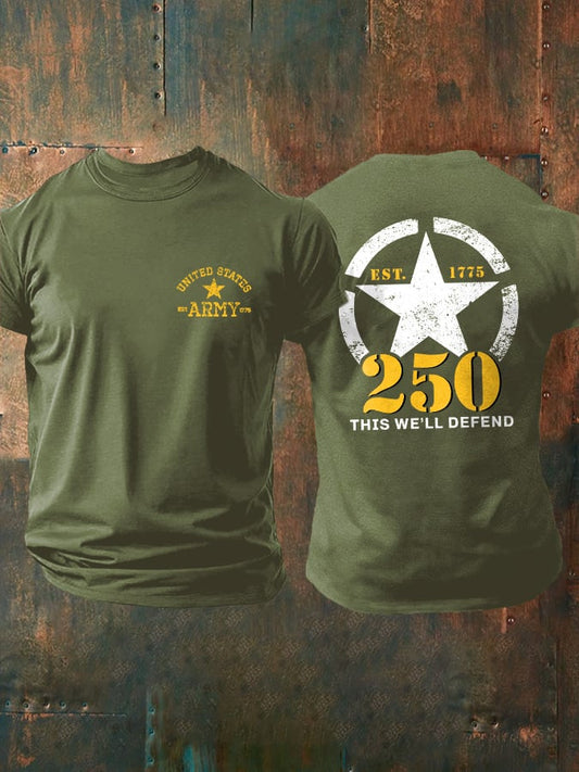 Retro Man's Vintage Independence Day United States Army 250th Anniversary This We'll Defend Print T-Shirt