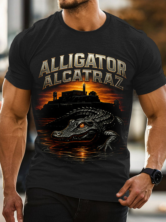 Retro Alligator Alcatraz Funny Florida Everglades Art Casual T-Shirt