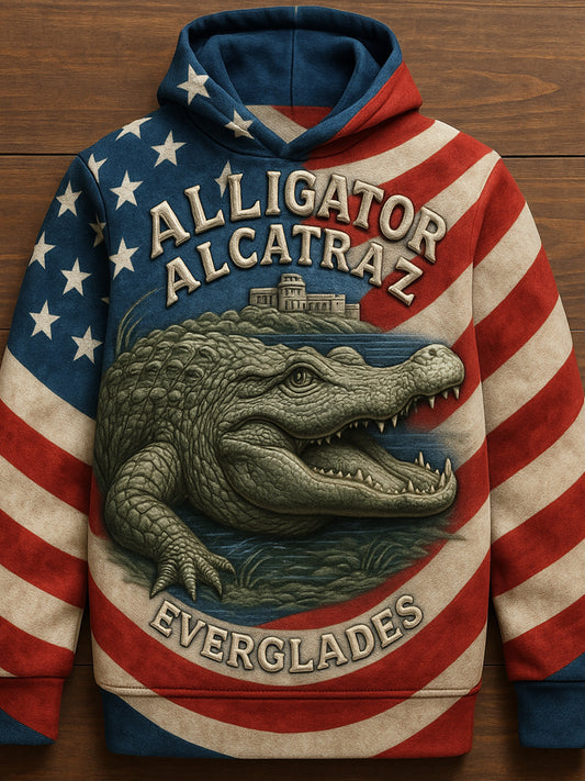 Vintage Alligator Alcatraz Fun Florida Everglades Art Print Casual Hoodie