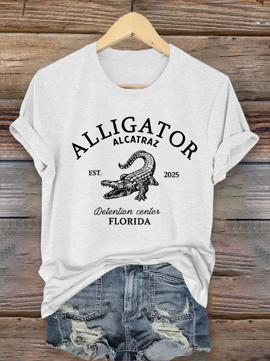 Vintage Alligator Alcatraz Fun Florida Everglades Art Print Casual T-Shirt