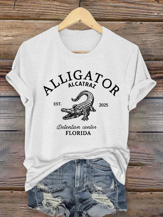 Vintage Alligator Alcatraz Fun Florida Everglades Art Print Casual T-Shirt