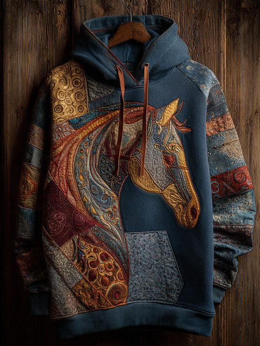 Vintage Patchwork Horse Print Art Casual Hoodie