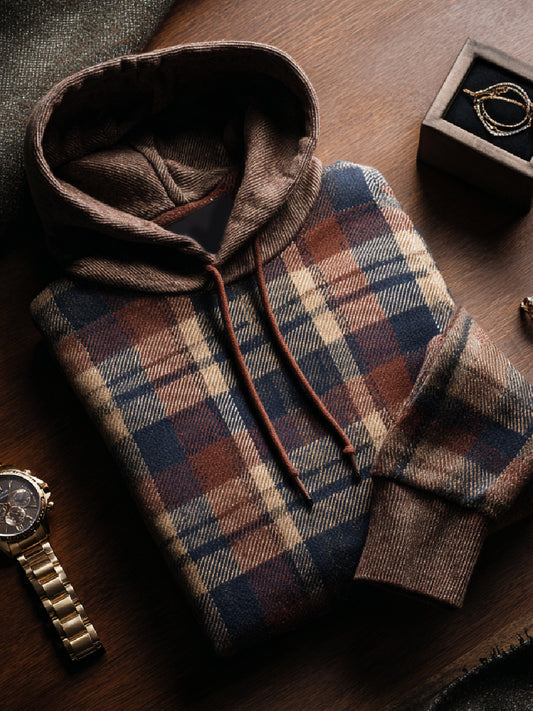 Fall Check Art Print Casual Hooded Knit Sweater