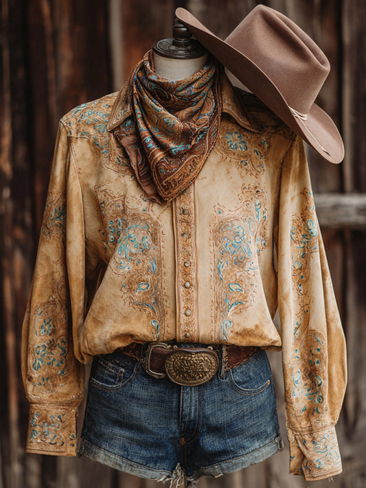 Vintage Western Art Floral Print Casual Shirt