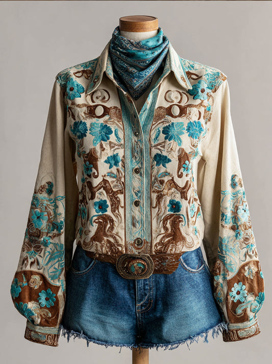 Vintage Western Art Illustration Print Casual Shirt