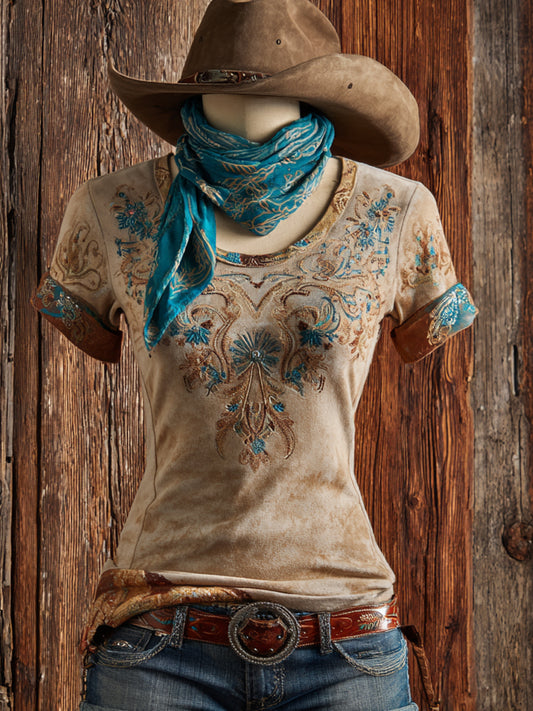 Retro Western Floral Art Illustration Print Casual Short Sleeve T-Shirt