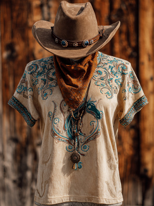 Retro Western Wind Floral Art Illustration Printing Casual Short Sleeve T-Shirt