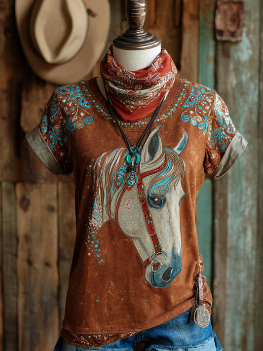 Retro Western Wind Horse Floral Art Illustration Printing Casual Short Sleeve T-Shirt