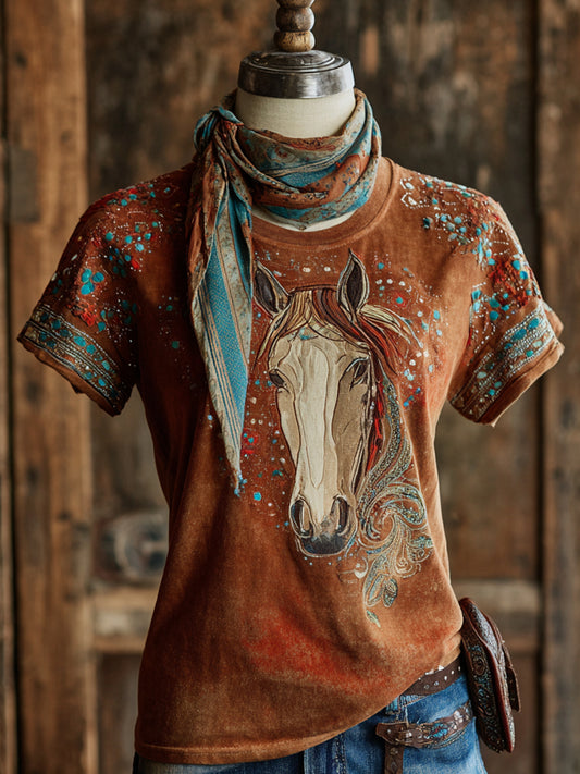 Retro Western Wind Horse Floral Art Illustration Printing Casual Short Sleeve T-Shirt
