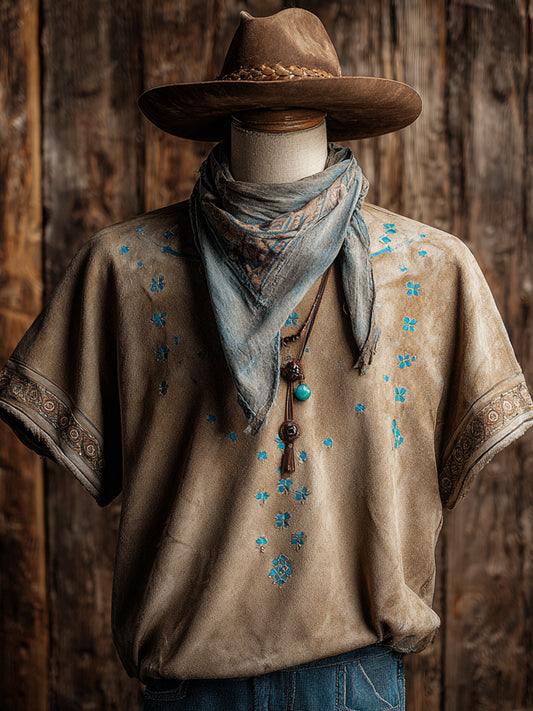 Retro Western Wind Floral Art Illustration Printing Casual Short Sleeve T-Shirt