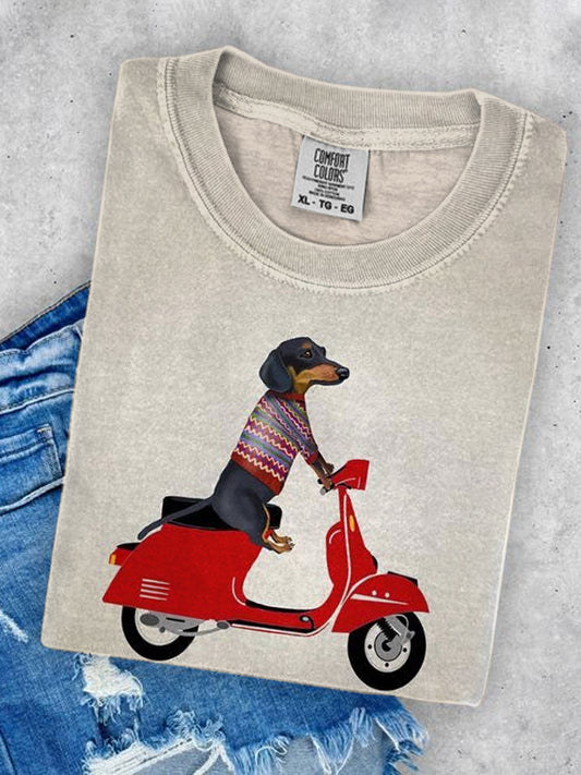 Unisex Funny Motorcycle Dog Art Illustration Printed Round Neck Casual T-shirt