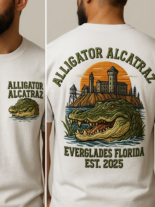 Retro Alligator Alcatraz Funny Florida Everglades Art Casual T-Shirt