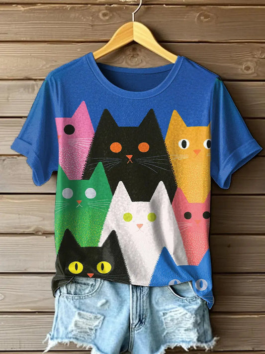 Womens Colorful Cat Art Print T-Shirt