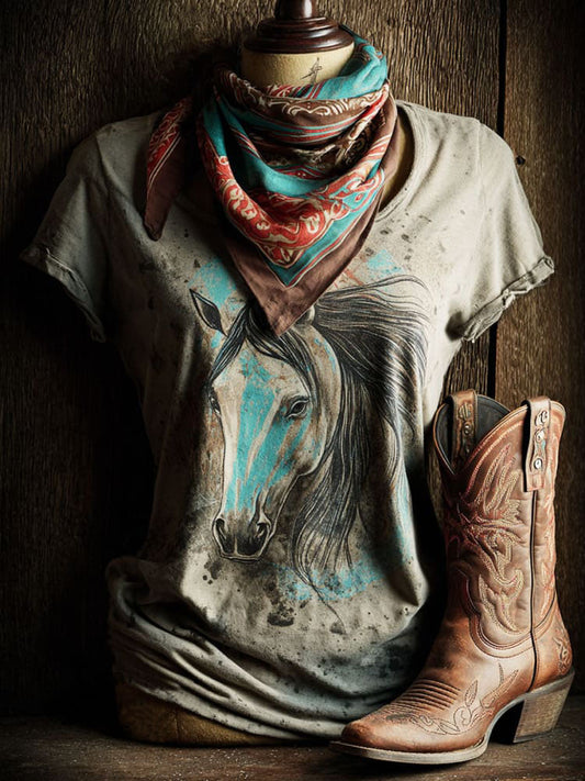 Vintage Horse Print Round Neck Casual T-shirt