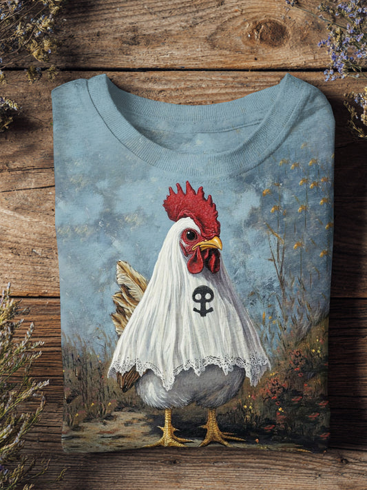 Halloween Funny Rooster Art Illustration Printing Casual Short Sleeve T-Shirt