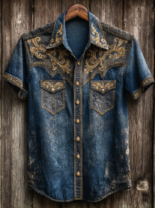 Retro Western Art Cowboy Print Casual Short Sleeve Shirt