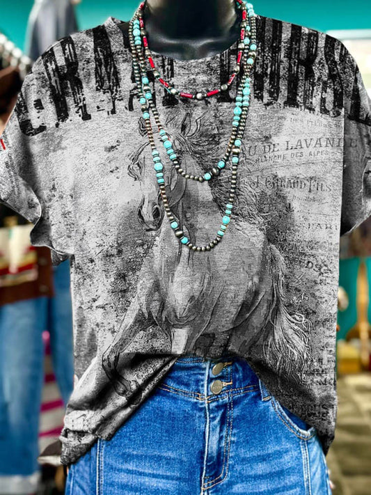 Women's Retro Text Horse Print Casual Round Neck T-Shirt