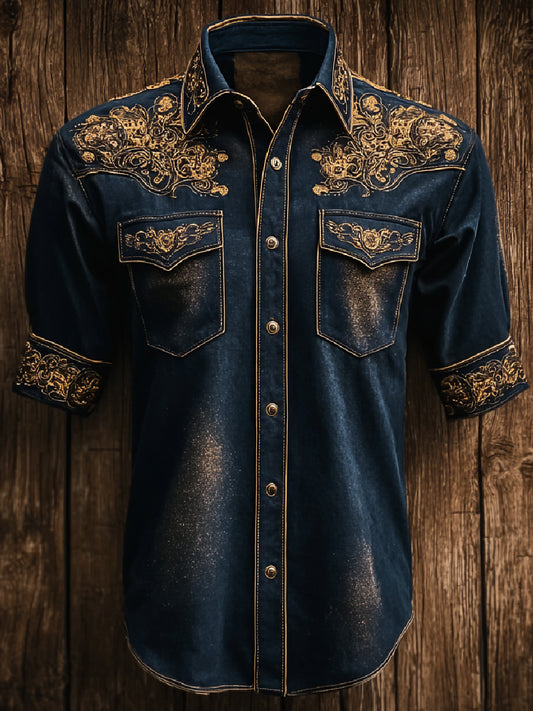 Retro Western Art Cowboy Print Casual Short Sleeve Shirt
