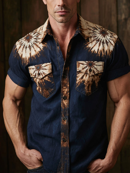 Retro Western Art Cowboy Print Casual Short Sleeve Shirt