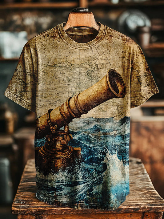 Retro Sailing Binoculars Printed Casual Loose Short Sleeve T-Shirt