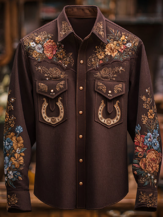 Western Retro Art Print Casual Long Sleeve Shirt