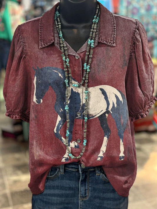 Women's Vintage Art Print Casual Cotton Shirt