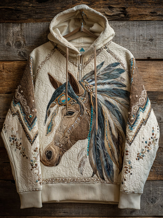 Retro Ethnic Style Patchwork Horse Print Art Casual Hoodie