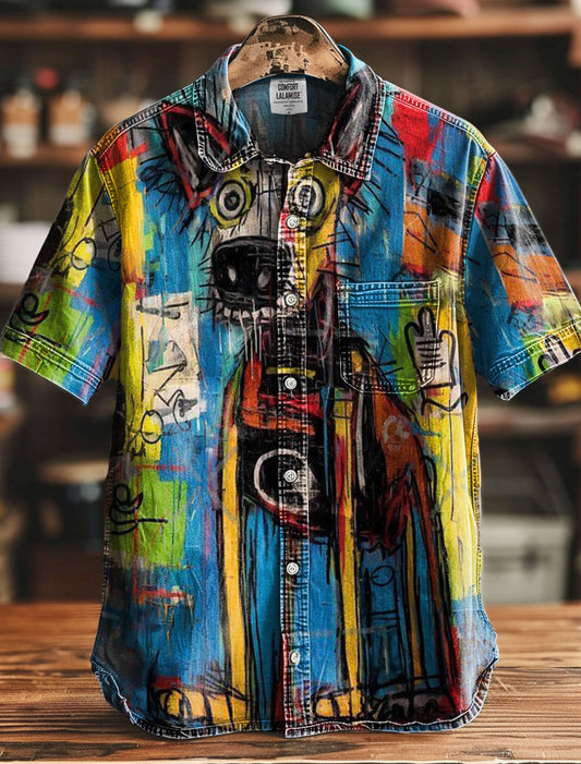 Graffiti Style Art Dog Decorative Pattern 100% Cotton Denim Shirt