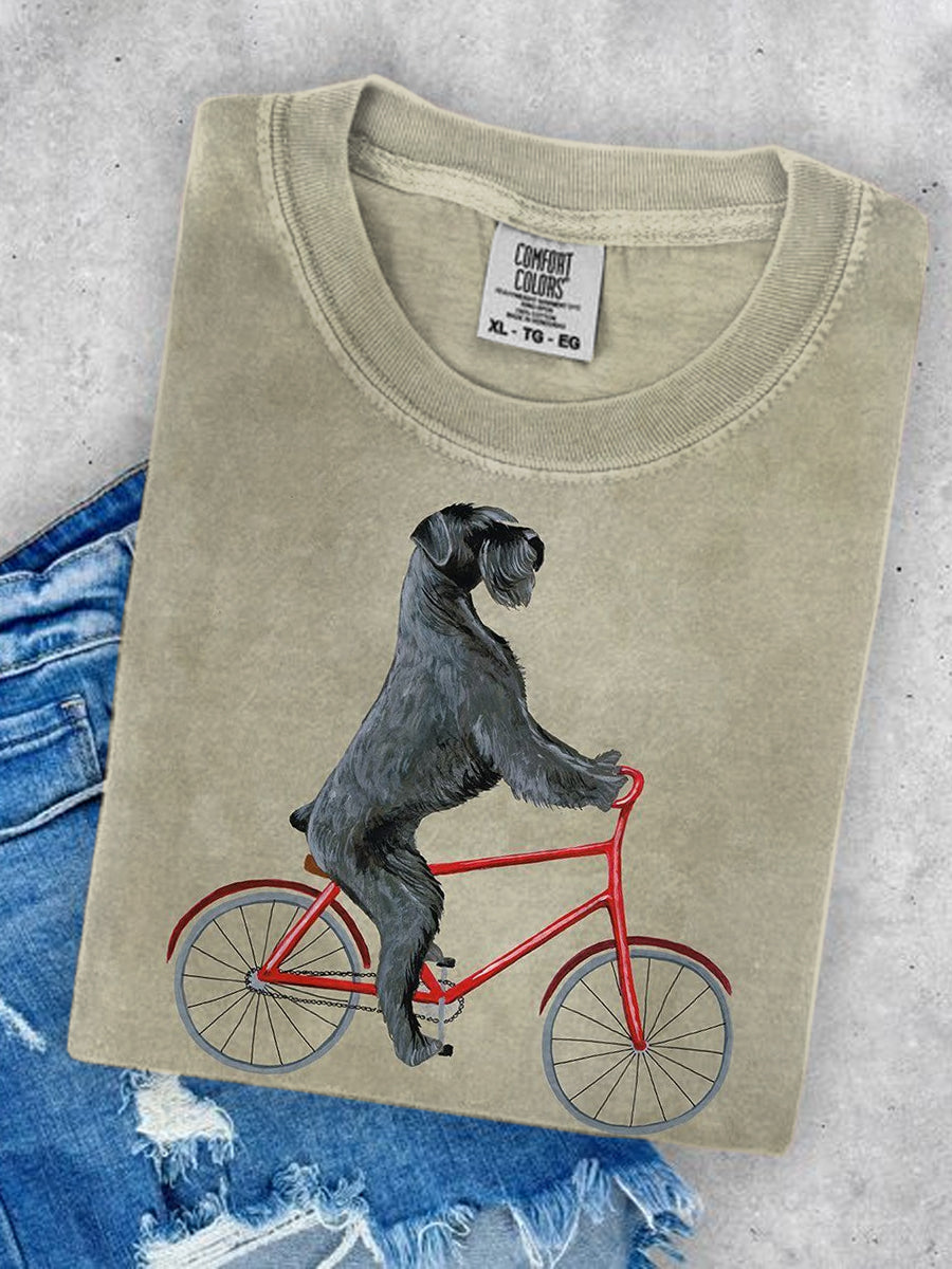Unisex Funny Dog Riding Bike Art Illustration Printed Round Neck Casual T-shirt