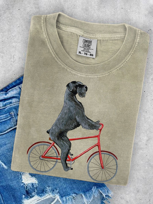 Unisex Funny Dog Riding Bike Art Illustration Printed Round Neck Casual T-shirt