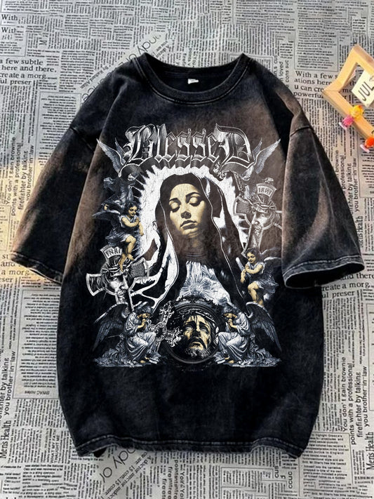 Unisex Virgin Mary Religious Art Illustration Round Neck Casual T-shirt