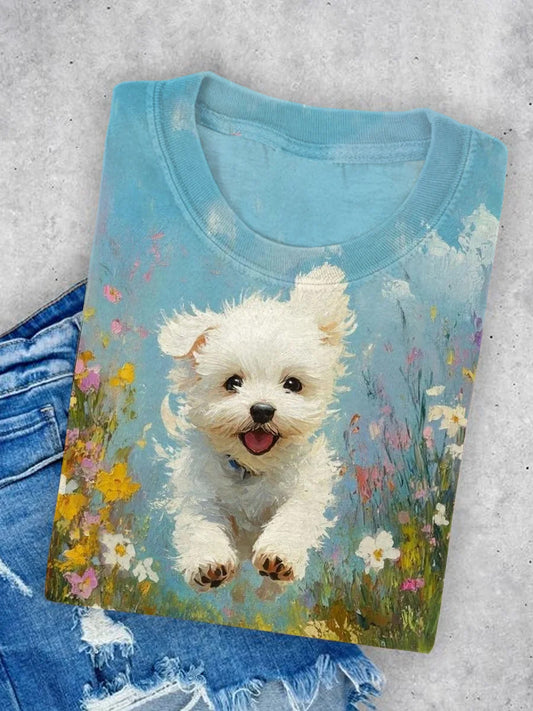 Unisex Running Puppy Illustration Printed Round Neck Casual T-shirt